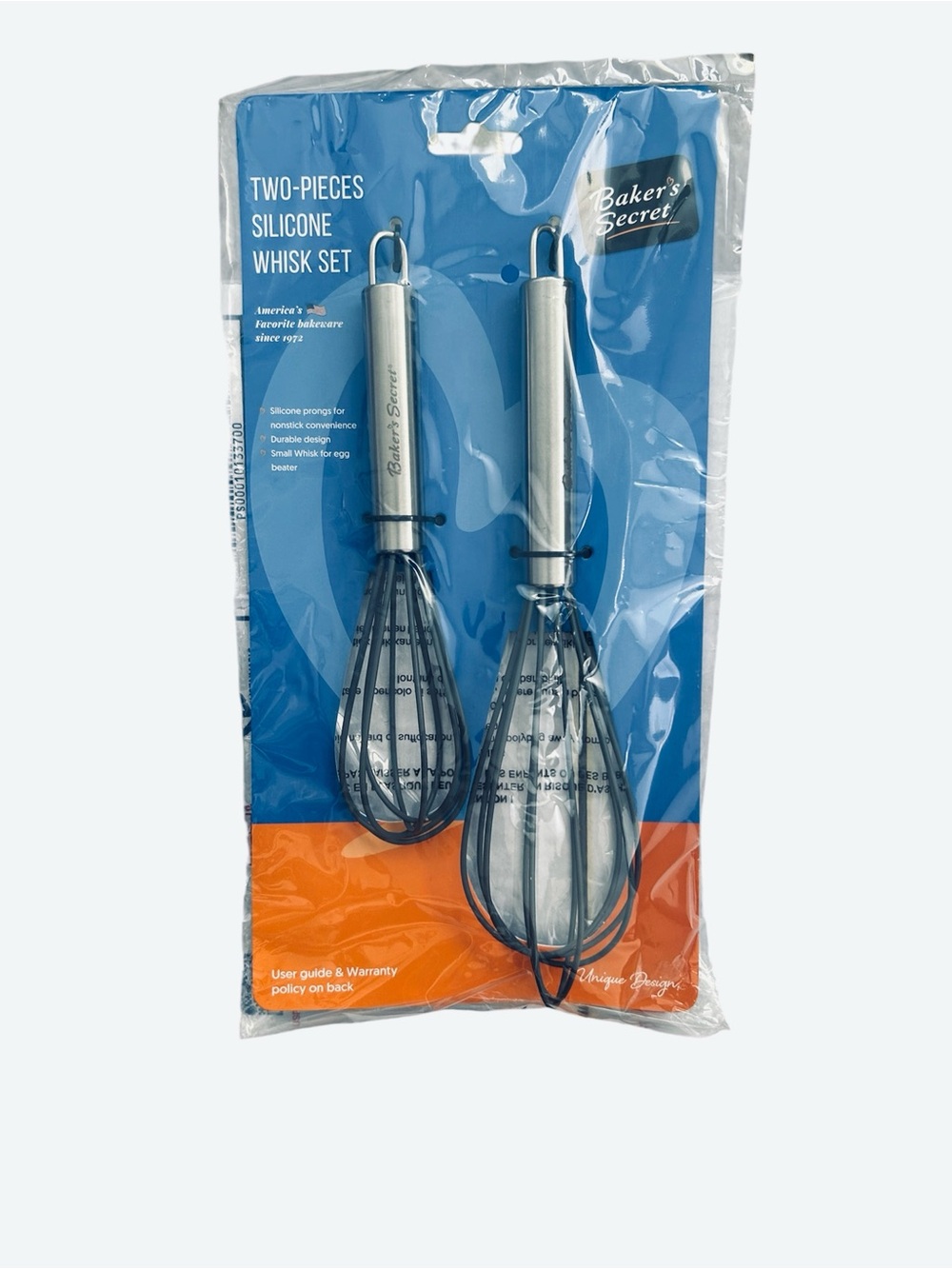 New Baker’s Secret Set Two Gray Silicone Whisks Stainless Steel Handles SM & LG